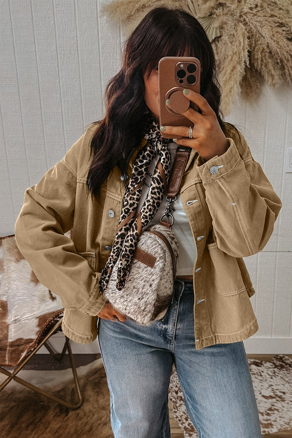 Parchment Patched Pocket Collared Button Front Boyfriend Denim Jacket