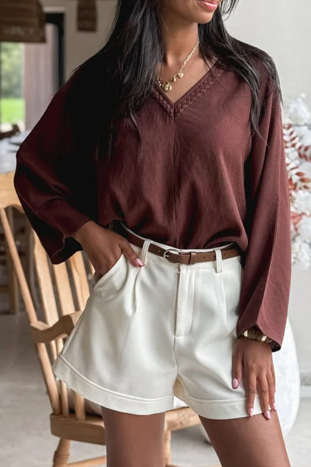 Red Sandalwood Braided Trim V Neck Oversize Top Drawstring Pants Loose 2pcs Outfit