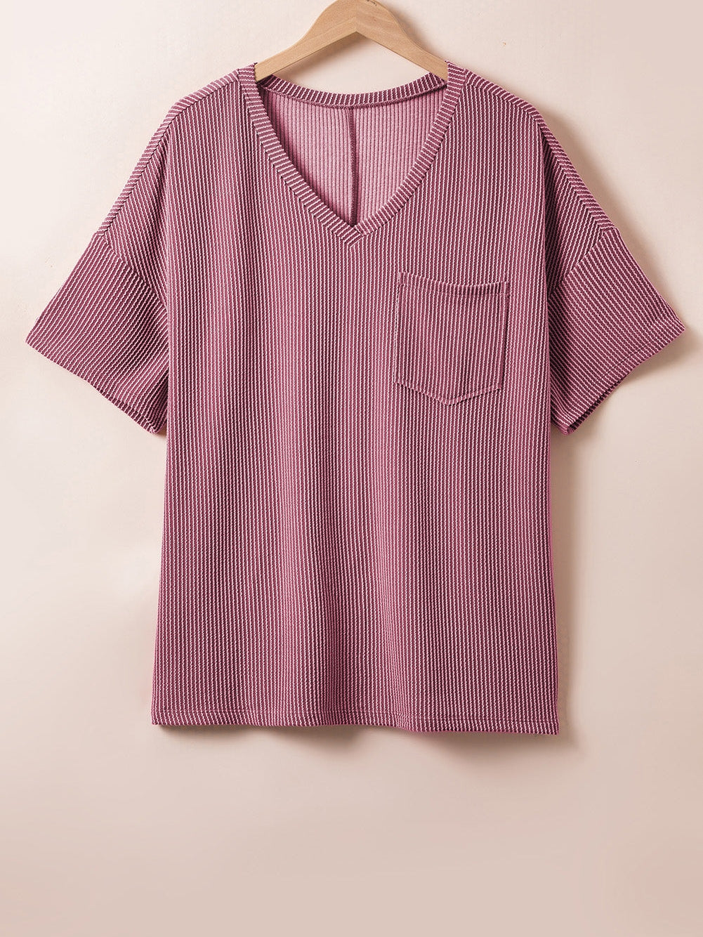 Rose Pink Textured V-Neck Dropped Shoulder Plus T-Shirt