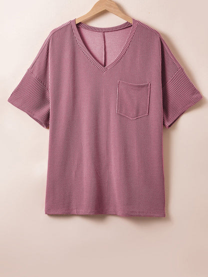 Rose Pink Textured V-Neck Dropped Shoulder Plus T-Shirt