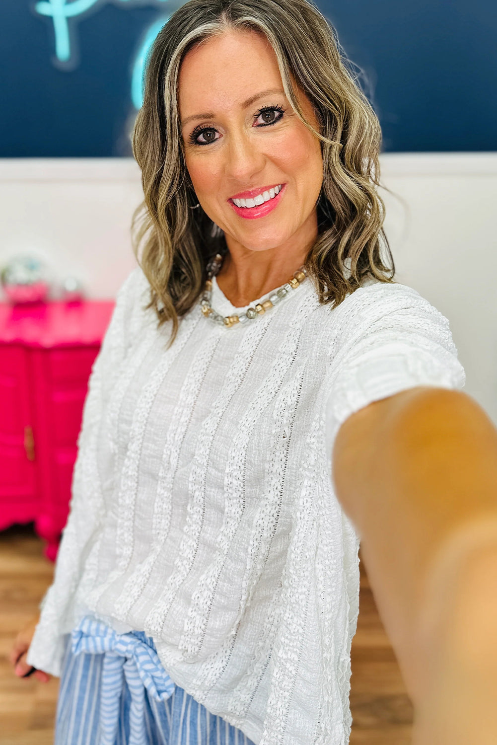 White Lacy Striped Texture 3/4 Sleeve Dolman Blouse