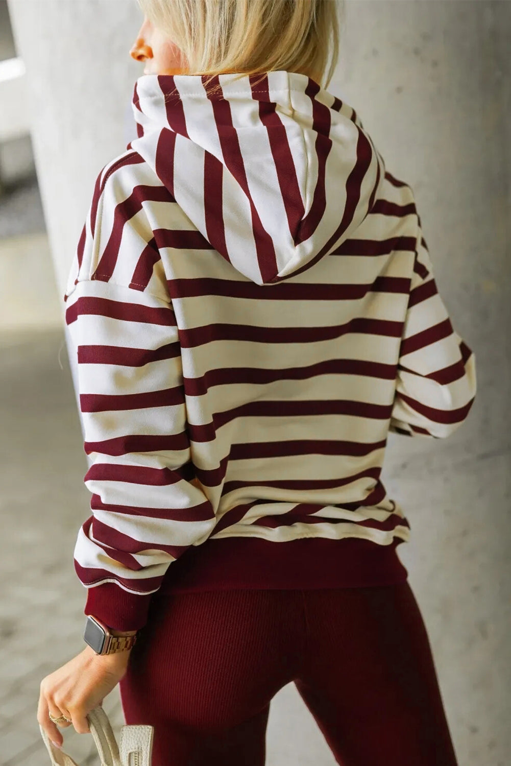 Red Stripe Pullover Hoodie Ribbed Solid Pants 2pcs Set Outfit