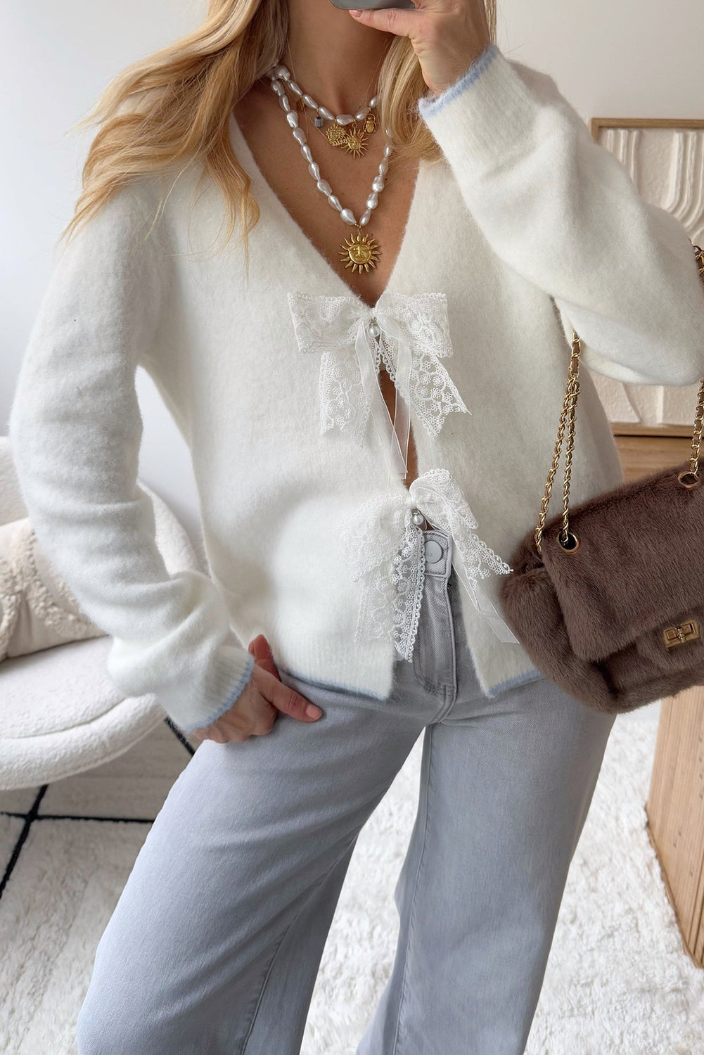 White V Neck Fuzzy Knit Lace Bow Pearl Decor Sweater