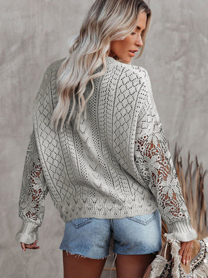 Gray Scallop Neck Crochet Lace Knit Sweater