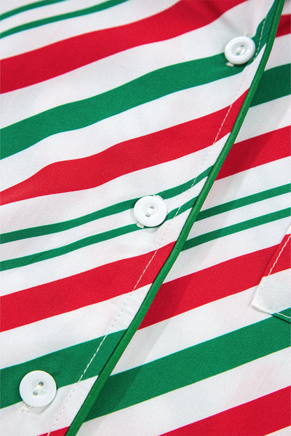 Green Stripe Contrast Velvet Ribbon Knot Christmas 2pcs Pajama Set