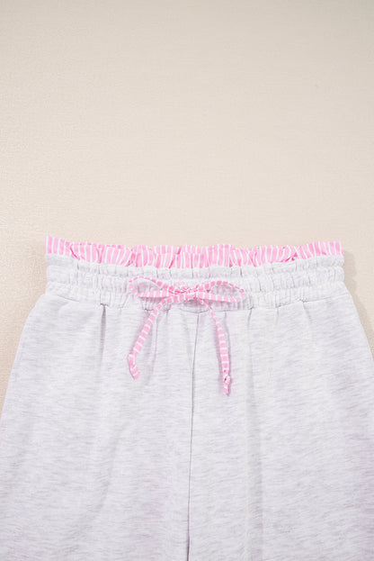 Light Grey 2pcs Contrasted Trim Frilled Collar Drop Shoulder Pullover Drawstring Pant Set