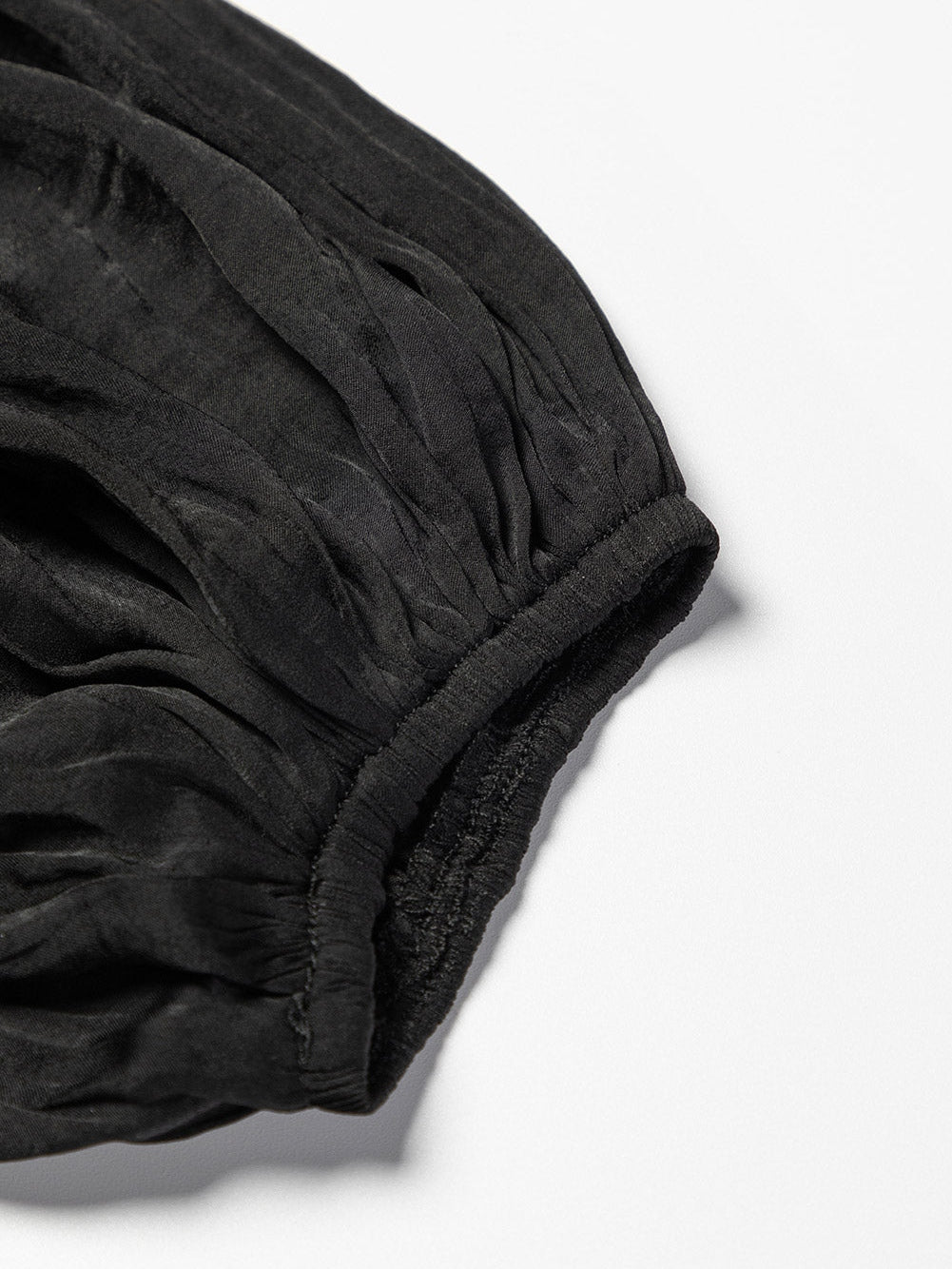 Elegant Black Satin V Neck Pleated Puff Sleeve Blouse