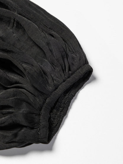 Elegant Black Satin V Neck Pleated Puff Sleeve Blouse