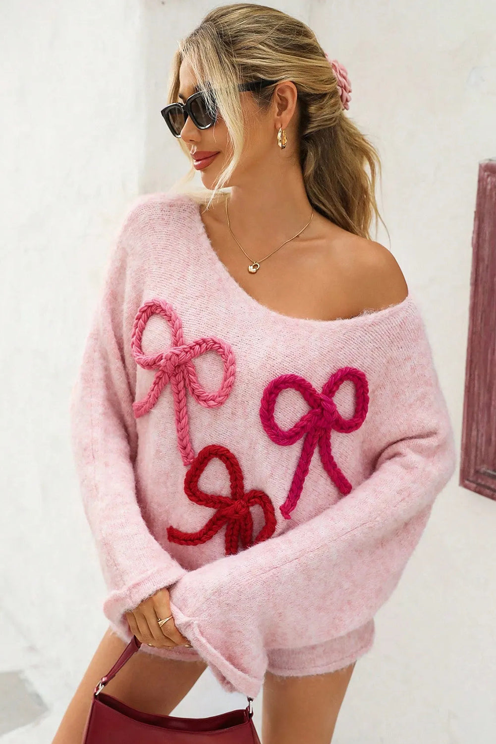 Pink Braided Bow Detail Round Neck Baggy Sweater