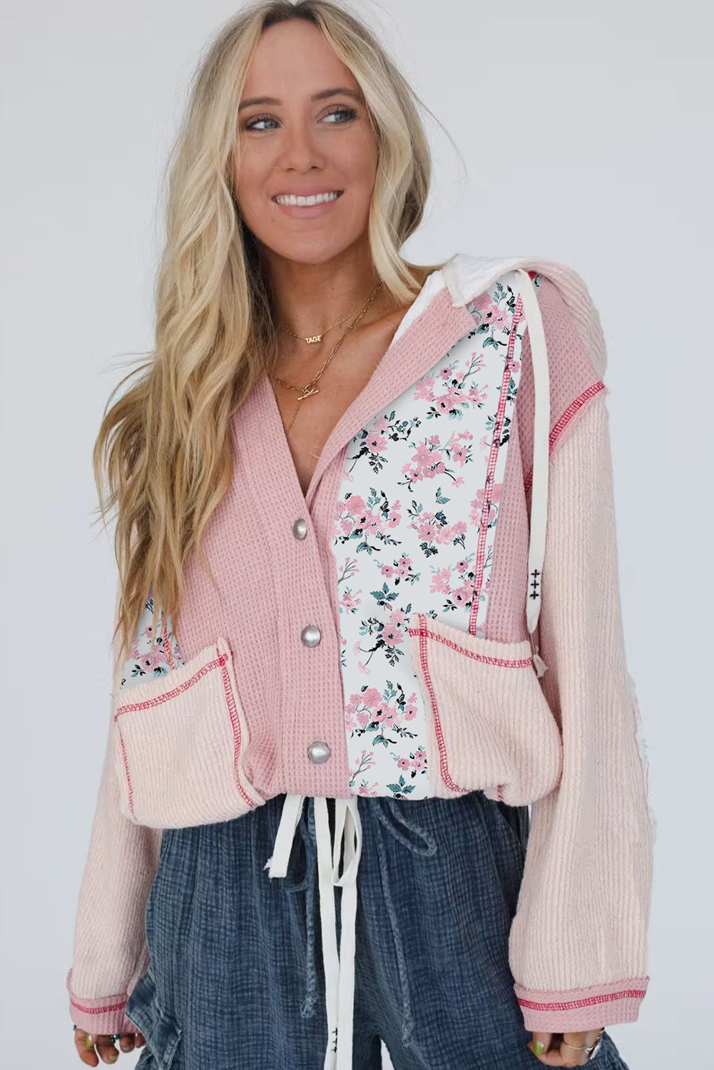 Light Pink Mixed Textured Colorblock Floral Patchwork Hooded Shacket