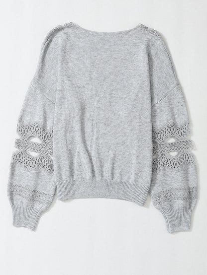 Graceful Gray Knit Lace V-Neck Oversized Sweater