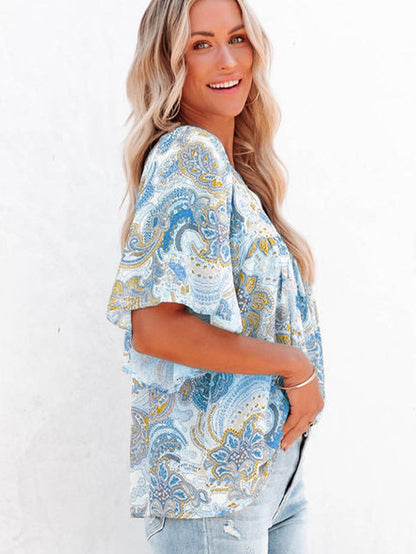 Elegant Sky Blue Paisley Pattern Flowy Blouse with Wide Sleeves