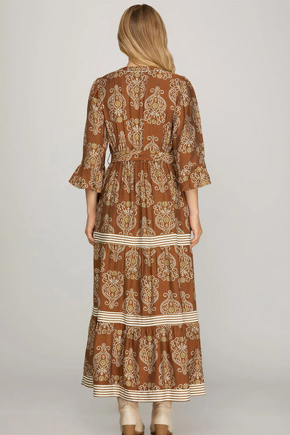 Brown Floral Print Belted Striped Trim Tiered Maxi Dress