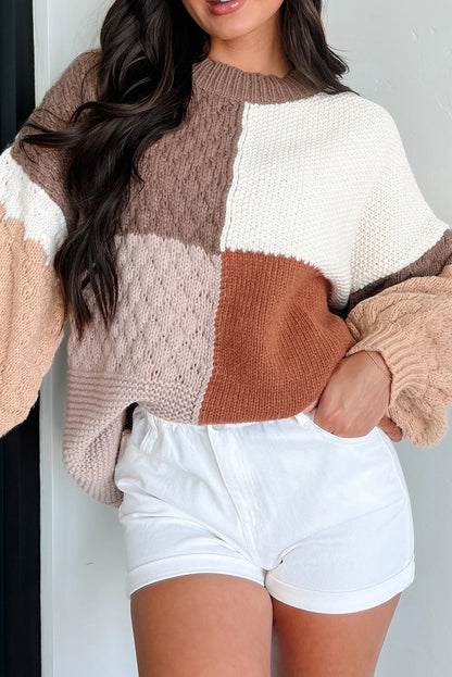 Coffee Mix Texture Colorblock Knit Baggy Sweater