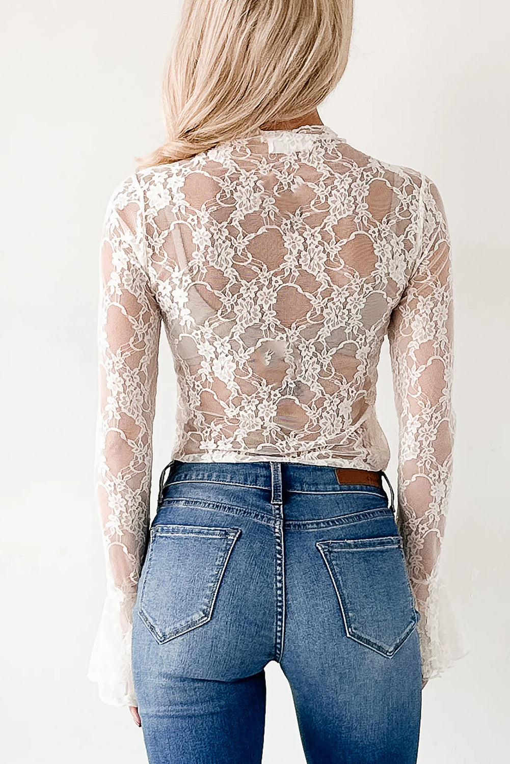 White Sheer Floral Lace Mock Neck Bell Cuff Long Sleeve Top