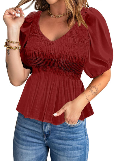 Fiery Crimson Smocked Peplum Blouse