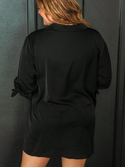 Black Plus Size Tie Cuffs V Neck Shirt Dress