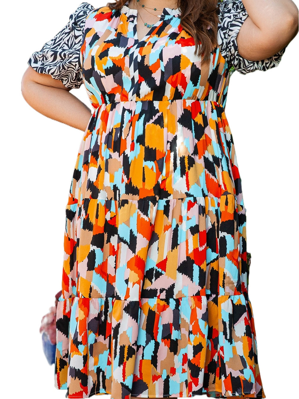 Pink Geometric Print Tiered Shift Dress for Plus Size Fashionistas