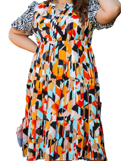 Pink Geometric Print Tiered Shift Dress for Plus Size Fashionistas