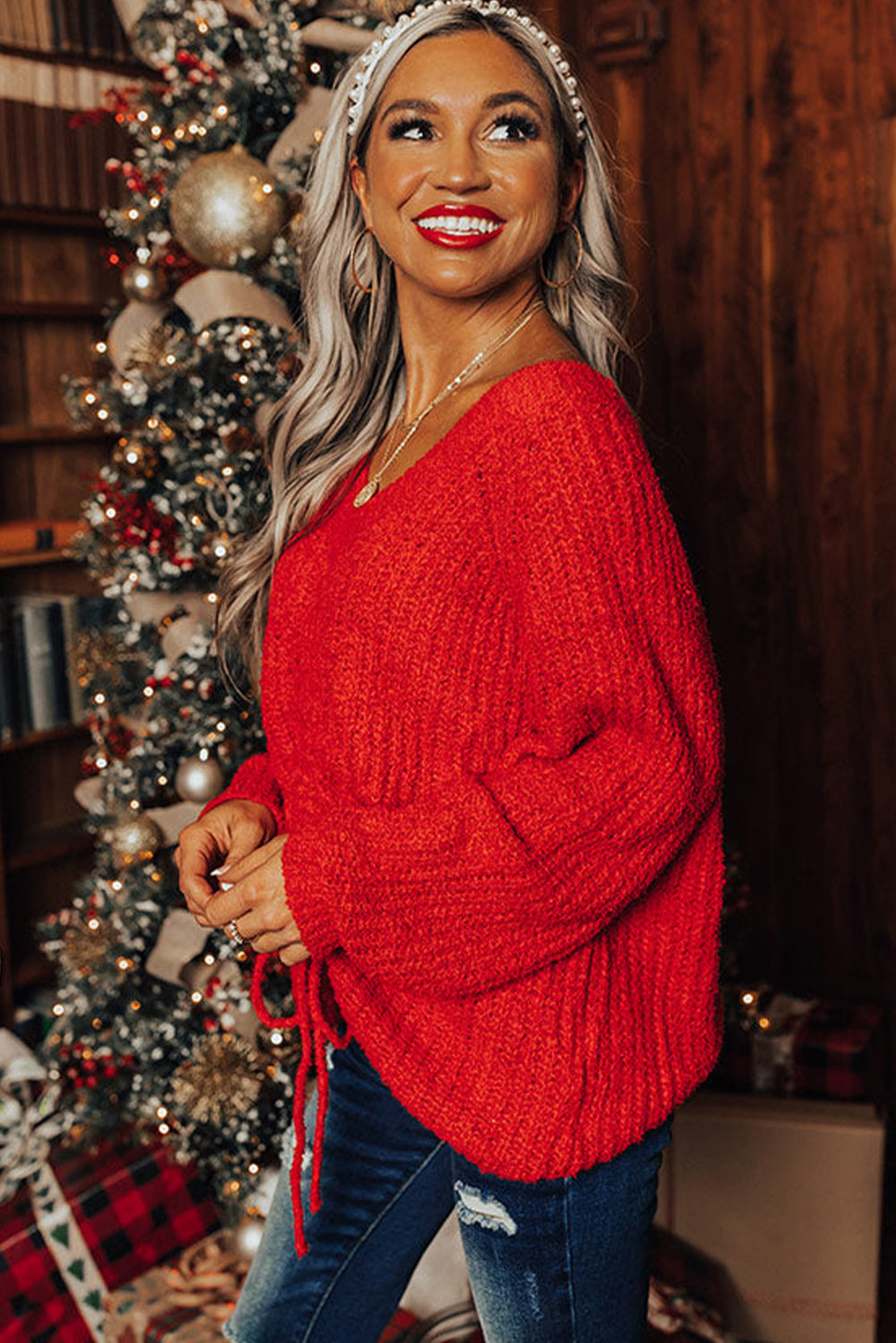 Fiery Red V Neck Drawstring Hem Knit Oversize Sweater