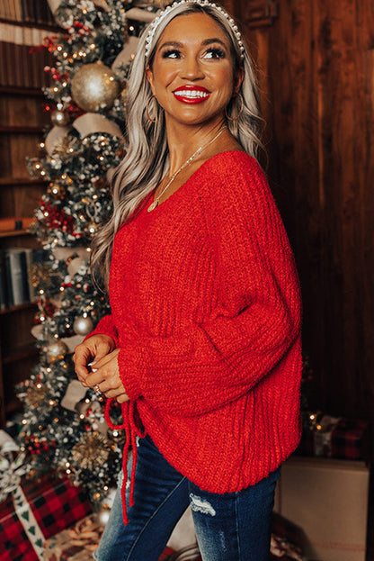Fiery Red V Neck Drawstring Hem Knit Oversize Sweater