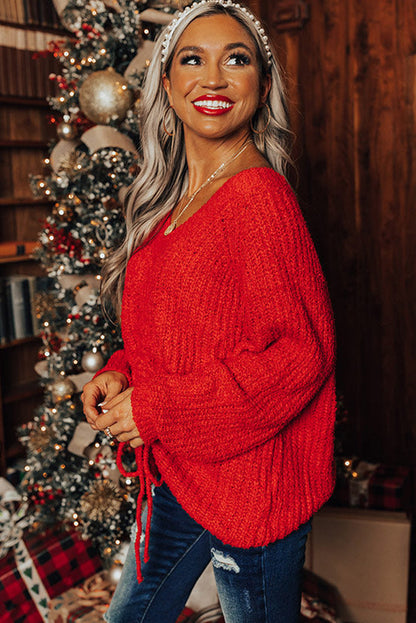 Fiery Red V Neck Drawstring Hem Knit Oversize Sweater