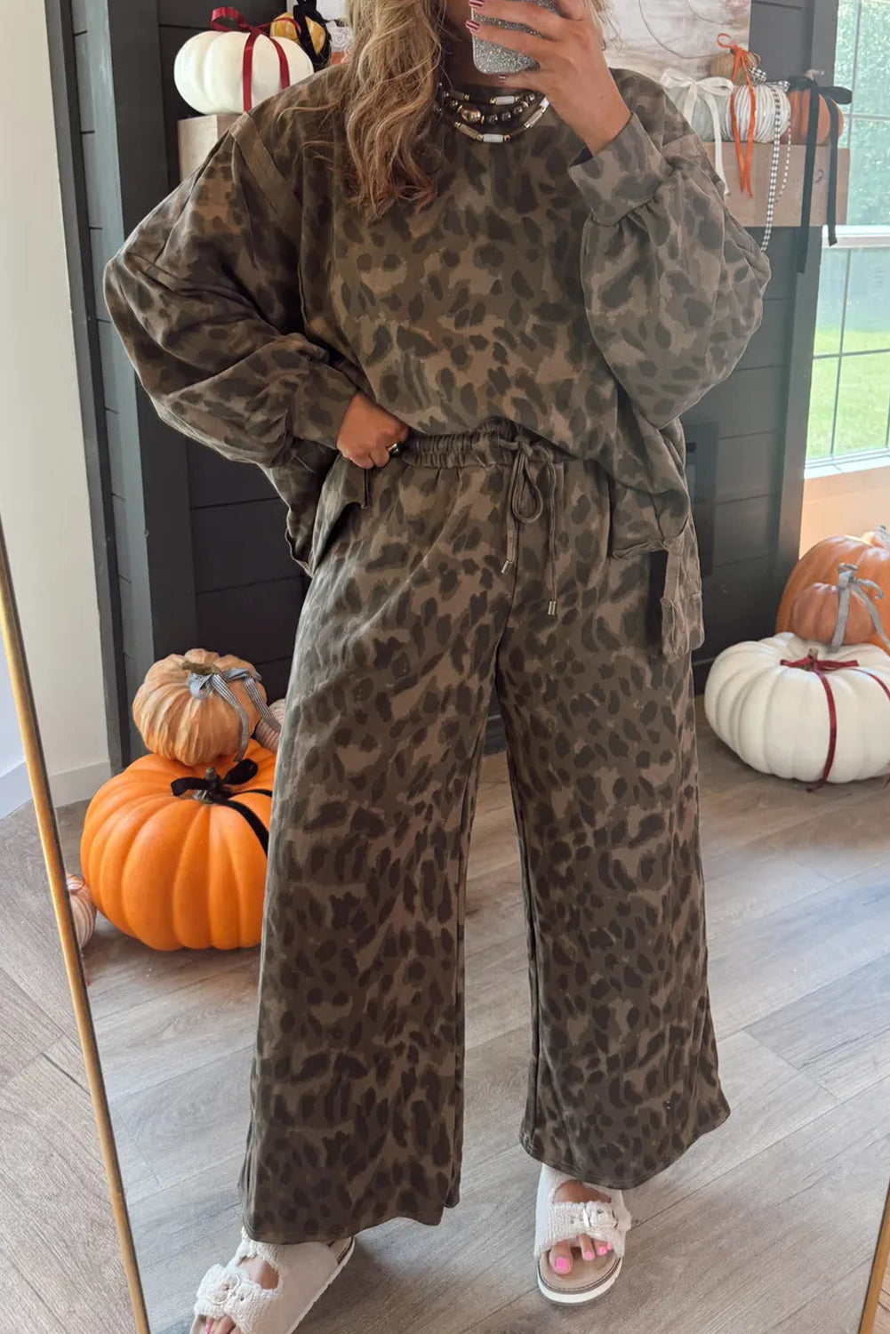 Brown Leopard Print Raw Seam Patchwork Pullover Drawstring Loose Pant Set