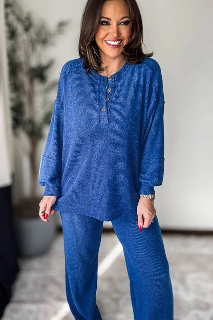 Sky Blue Brushed Ribbed Knit Exposed Seam Drop Shoulder Henley Top