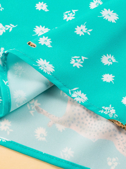 Green Cheetah Print V Neck Short Sleeve Plus Top