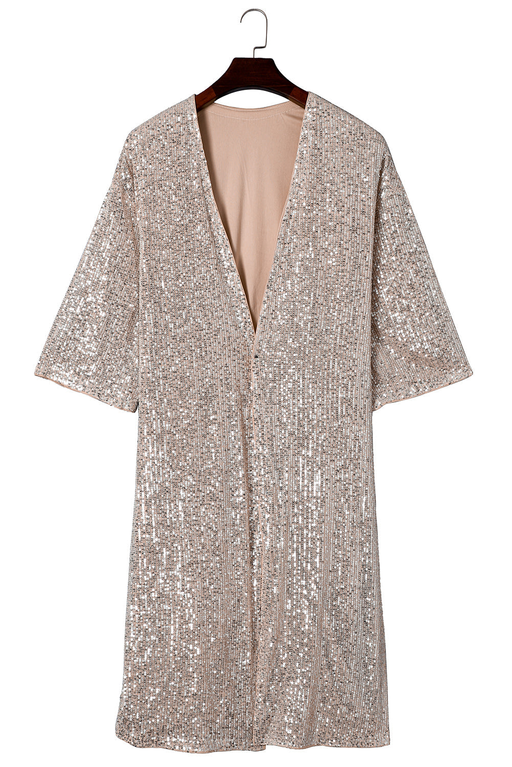 Apricot Sequin Embellished Open Front Kimono Duster