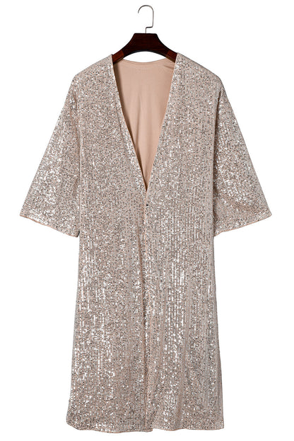 Apricot Sequin Embellished Open Front Kimono Duster