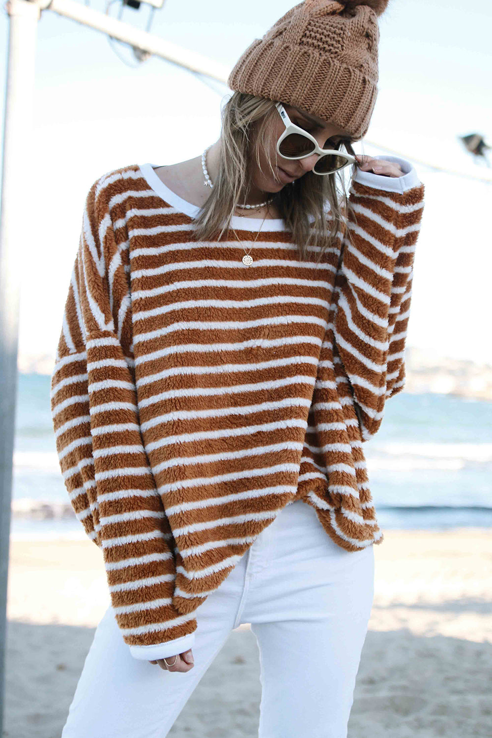 Brown Stripe Plush Drop Shoulder Round Neck Baggy Sweatshirt