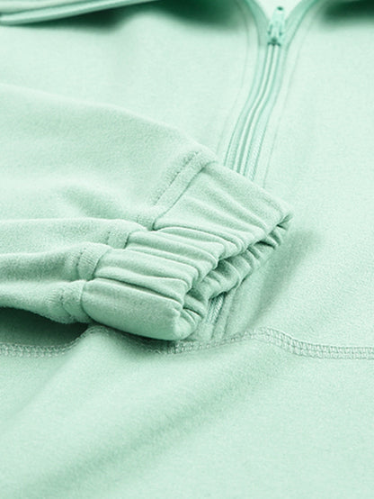 Green Zip Front Pullover Sweatshirt with Pockets