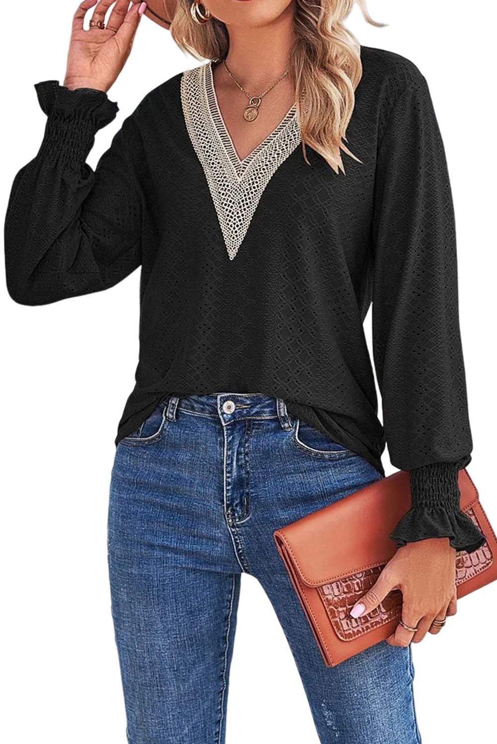 Elegant Black Eyelet Lace V Neck Ruffle Sleeve Blouse