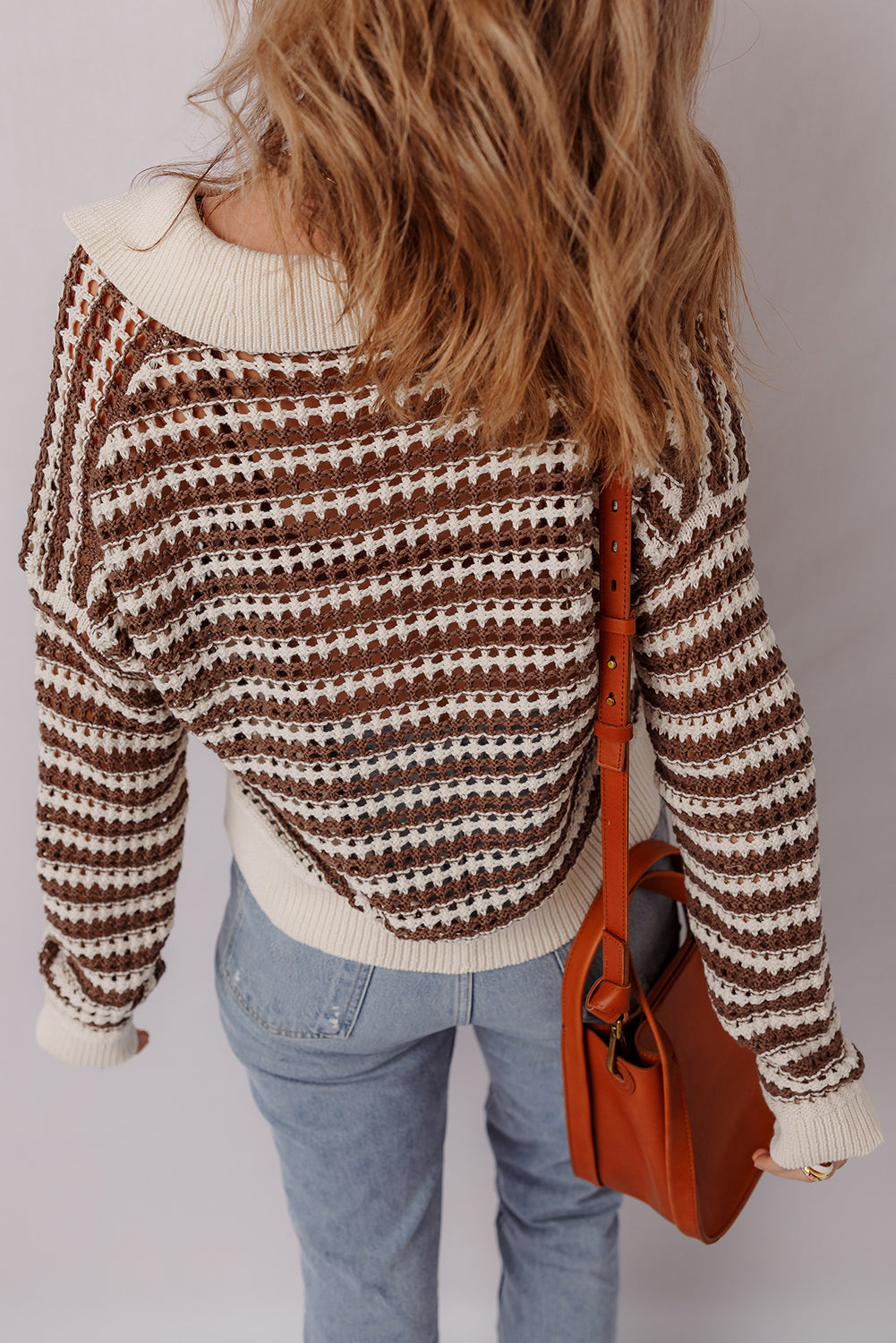 Brown Stripe Eyelet Hollow-out Contrast Collared Pullover Chic Sweater