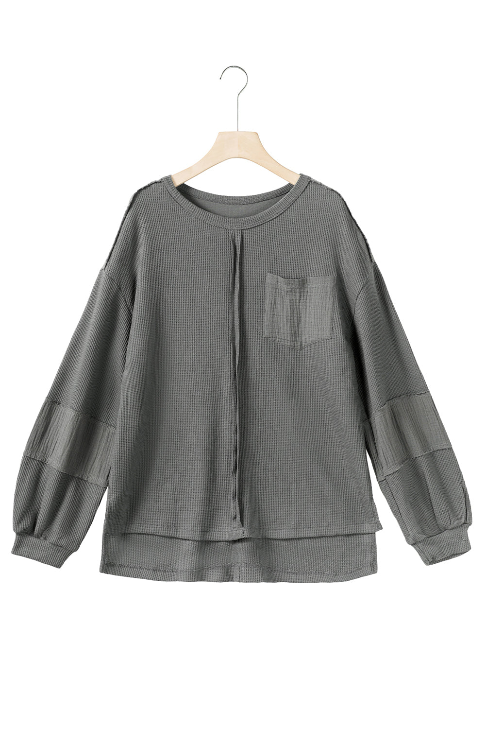 Gray Crinkled Texture Patchwork Waffle Knit Top with Bubble Sleeves