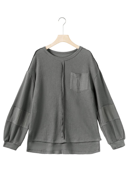 Gray Crinkled Texture Patchwork Waffle Knit Top with Bubble Sleeves