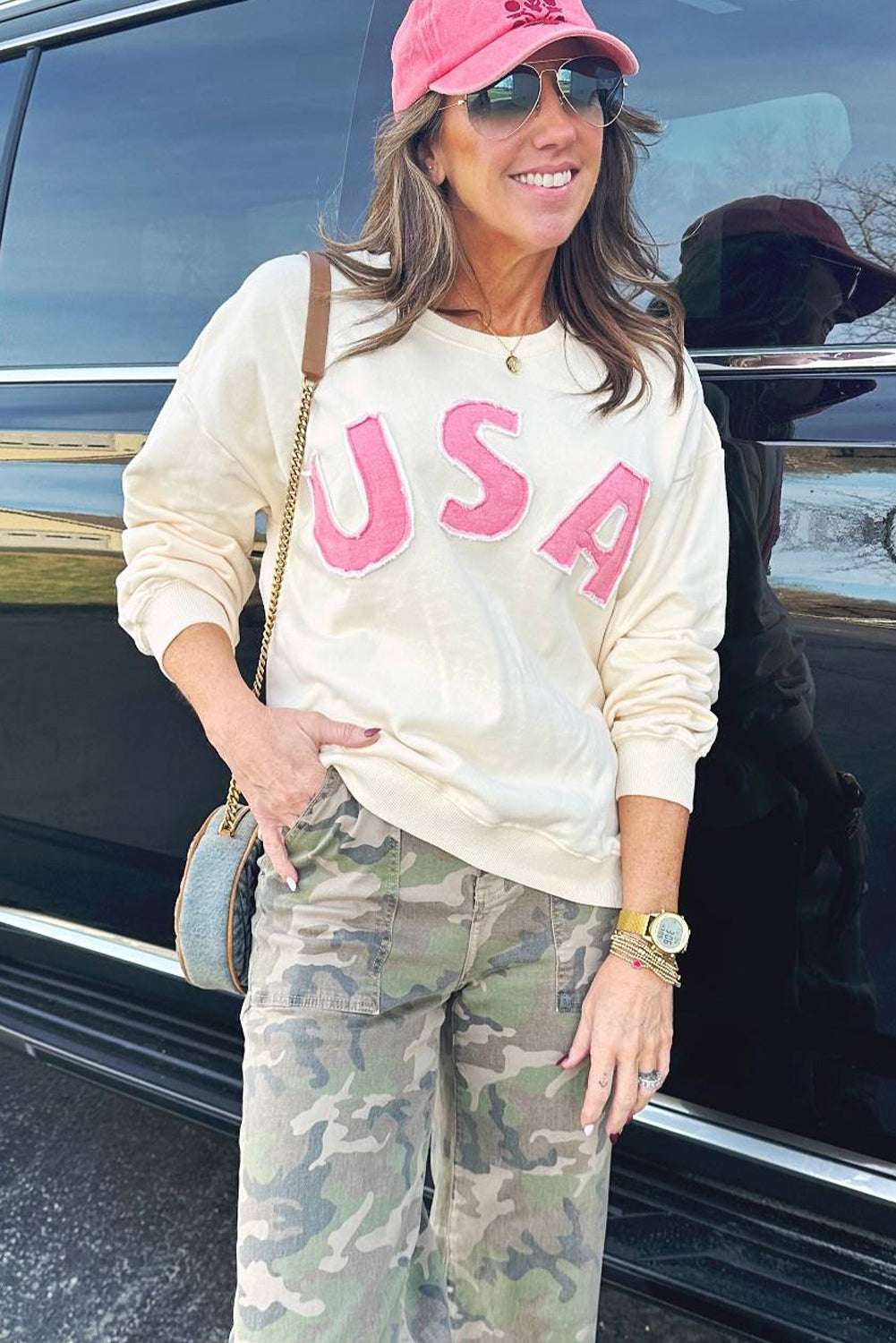 White USA Patched Graphic Bulk Sweatshirt