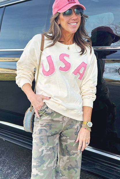 White USA Patched Graphic Bulk Sweatshirt