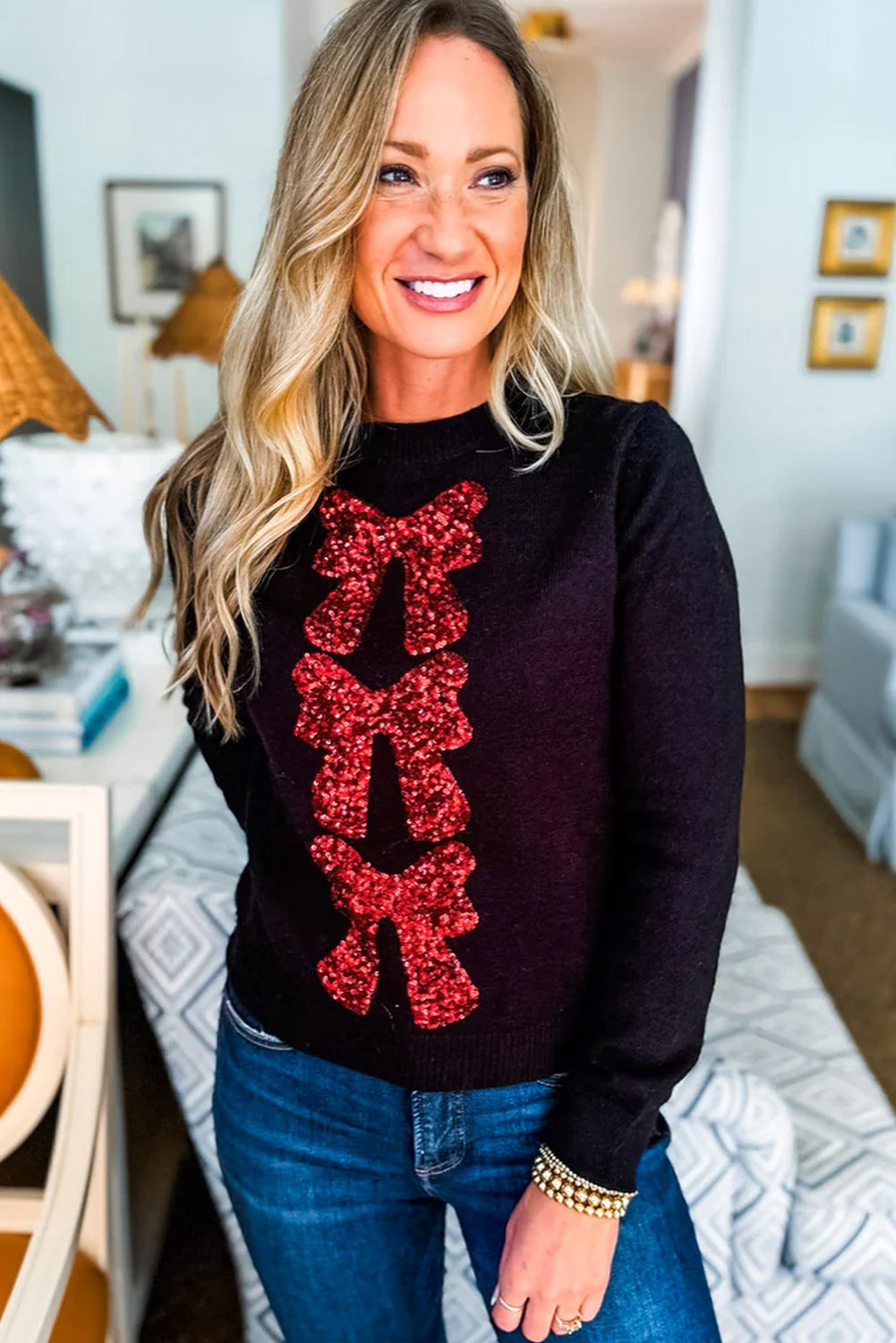 Black Sequin Bow Pattern Casual Sweater
