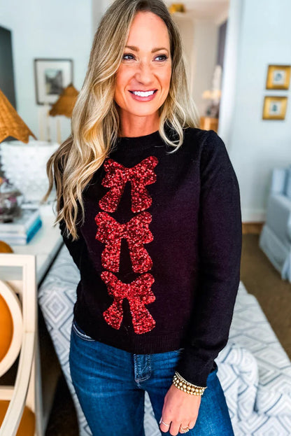 Black Sequin Bow Pattern Casual Sweater