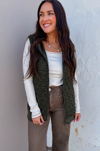 Blackish Green Quilted Texture Zip Up Hooded Vest