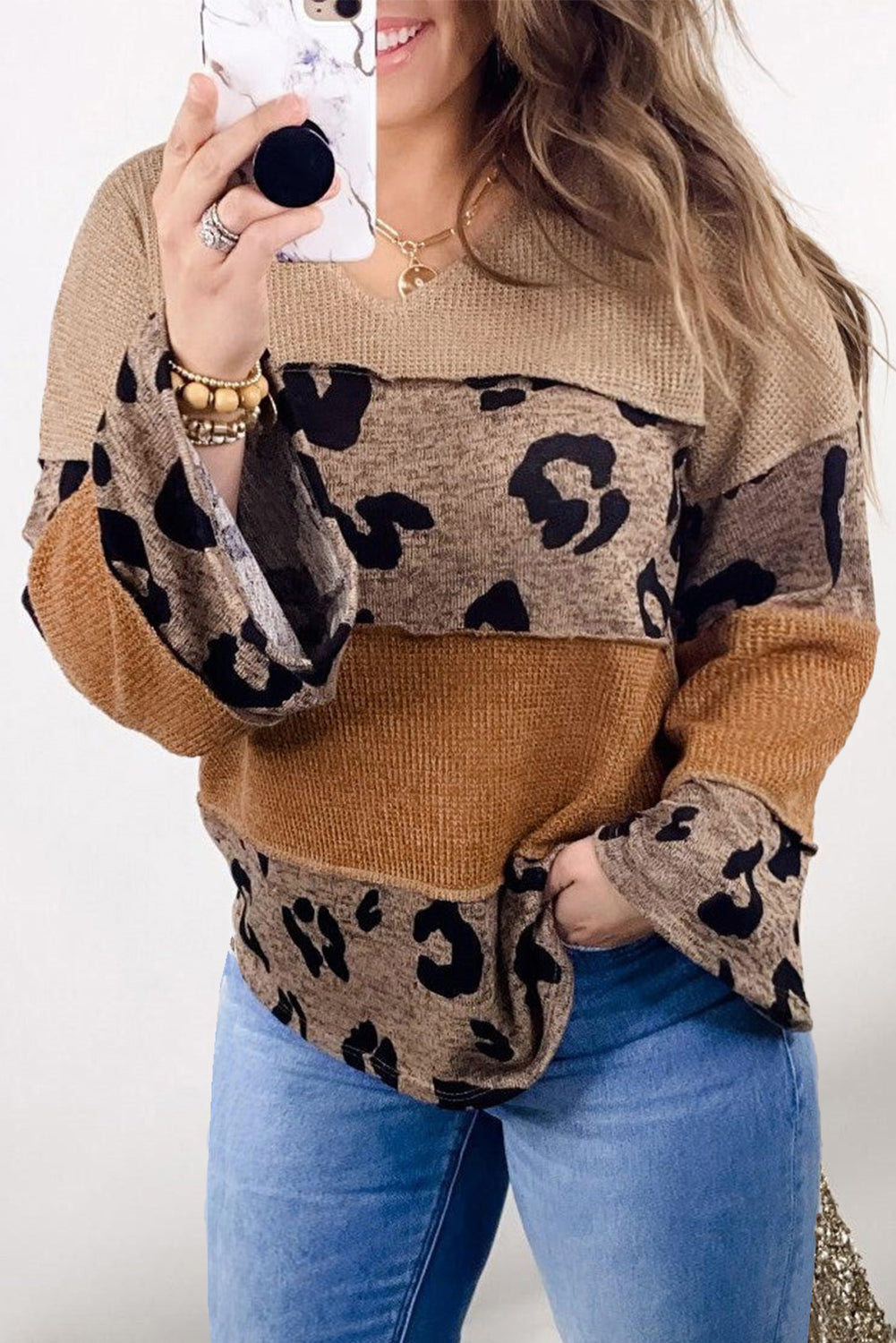 Leopard Print Block Sleeve Top in Light Beige French Palette