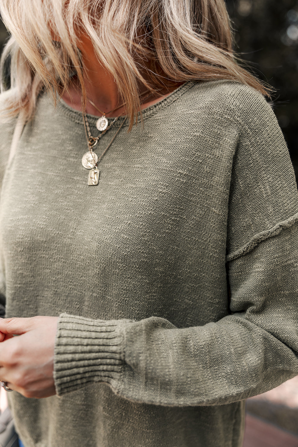 Four Leaf Clover Drop Shoulder Raw Hem Knitted Sweater