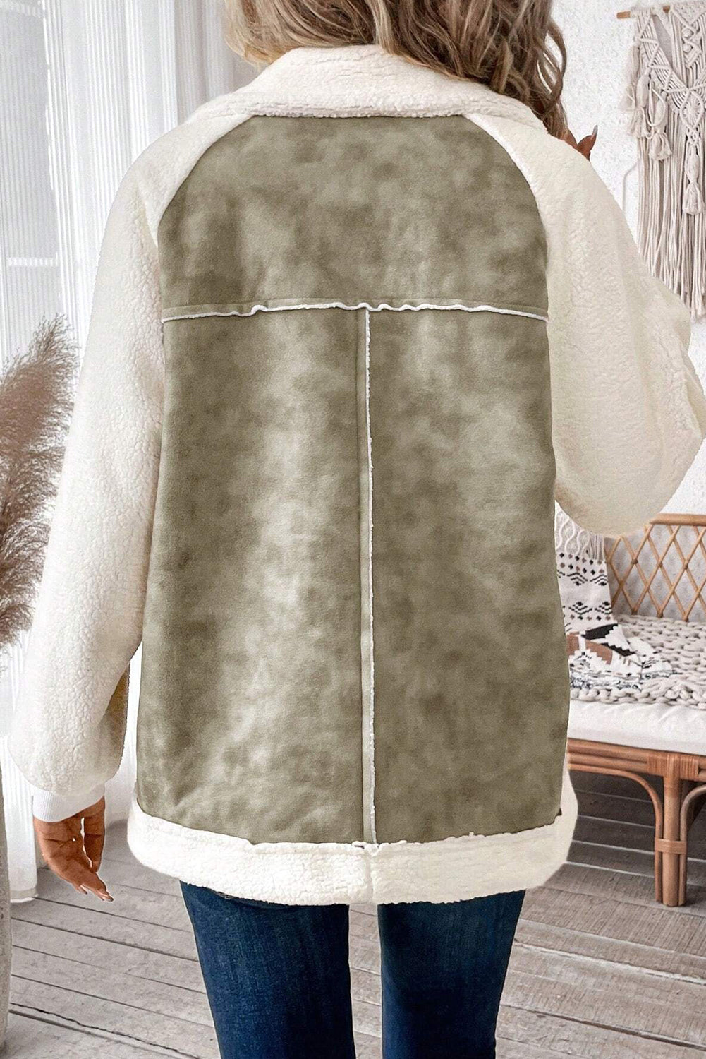 Laurel Green Faux Suede Sherpa Patchwork Zip Up Pocketed Jacket