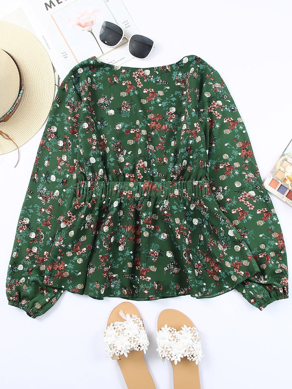 Green Ditsy Floral Peplum Blouse with V-Neck and Long Sleeves