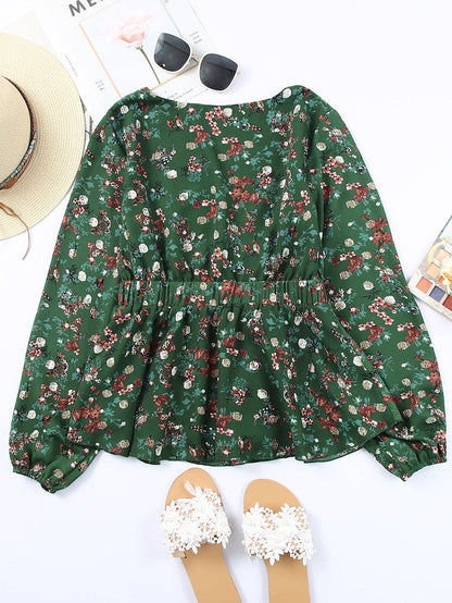 Green Ditsy Floral Peplum Blouse with V-Neck and Long Sleeves