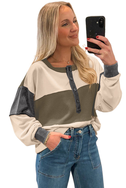 Green Color Block Waffled Patchwork Loose Henley Top