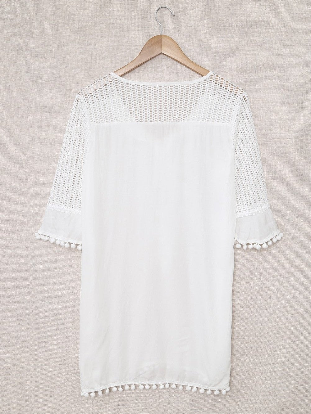 White Crochet Pom Pom Trim Beach Tunic Shift Dress
