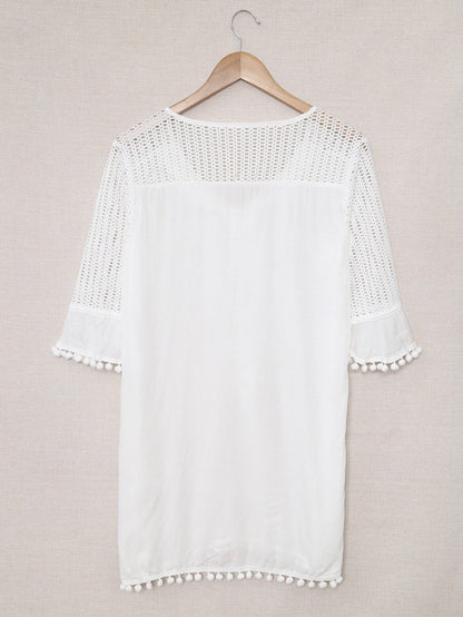 White Crochet Pom Pom Trim Beach Tunic Shift Dress